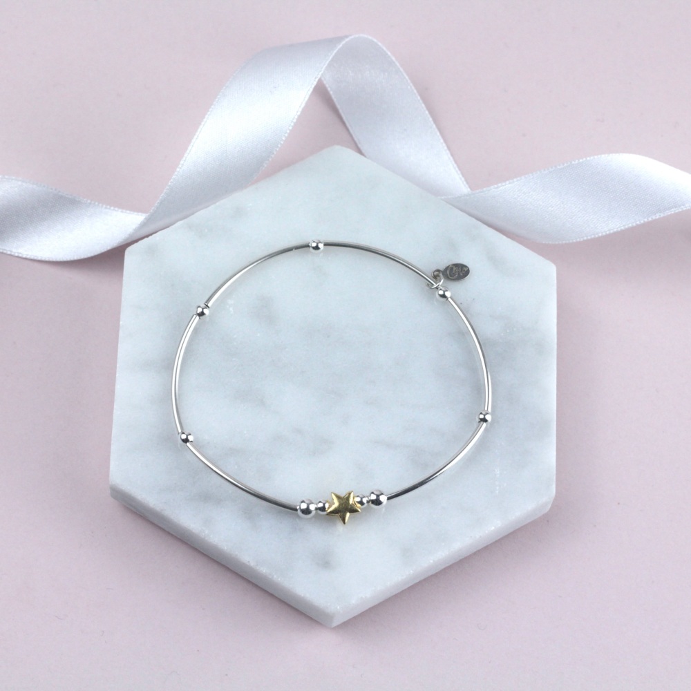 Mini Noodle Bracelet Gold Star Bead | Sterling Silver 925 Stretch Bracelet | CeFfi Jewellery