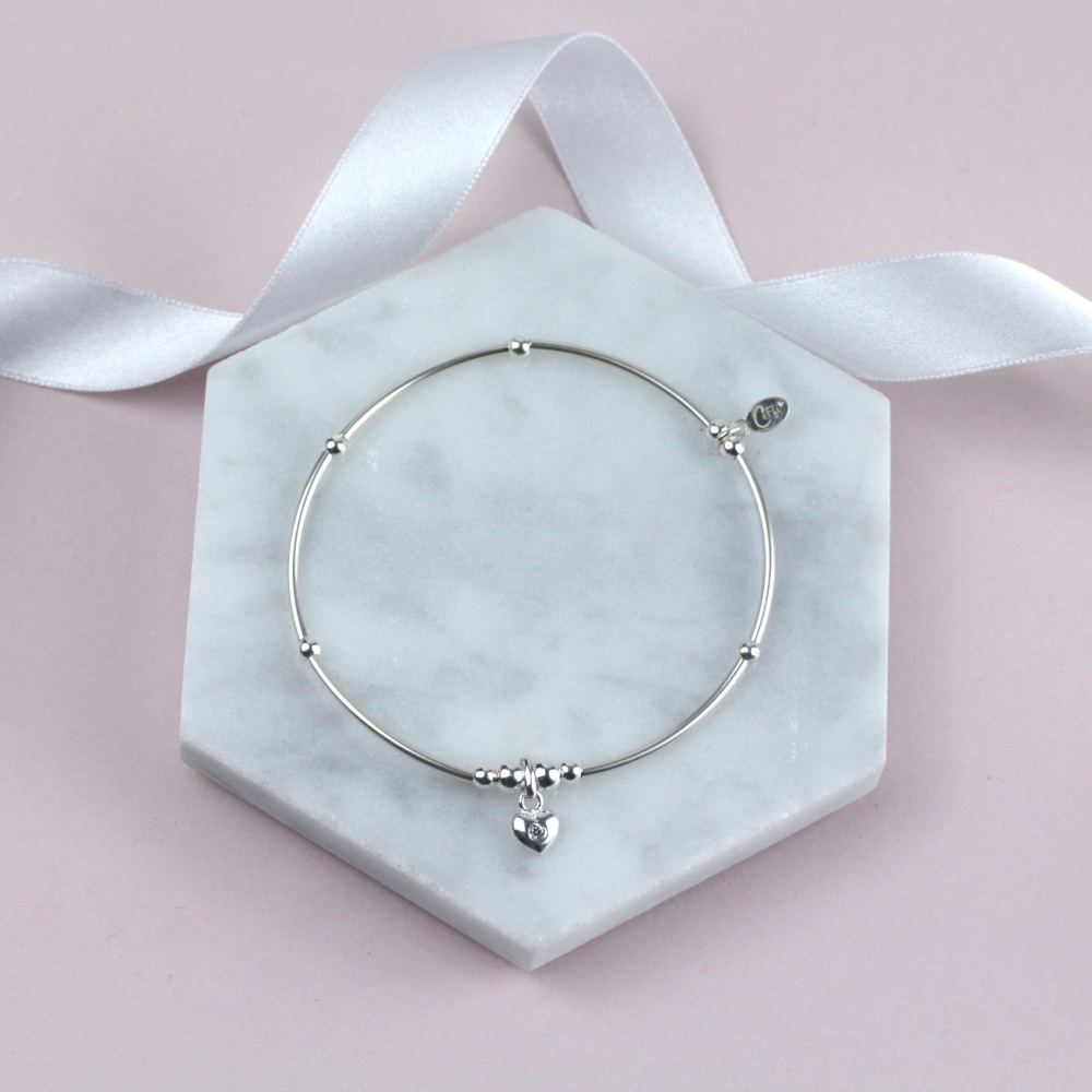 Mini Noodle Bracelet Silver Sparkly Heart Charm | Sterling Silver 925 Stretch Bracelet | CeFfi Jewellery