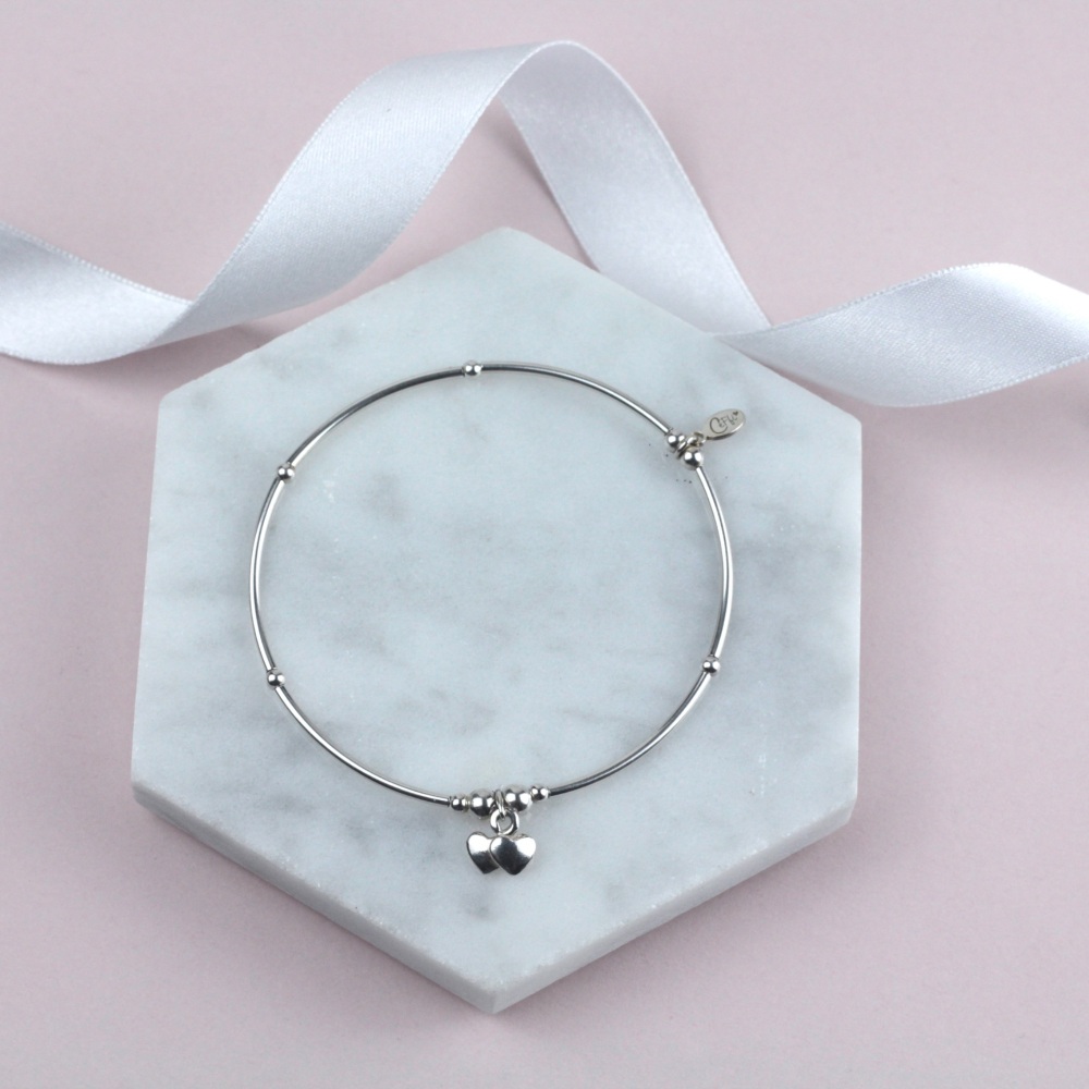 Mini Noodle Bracelet Silver Double Heart Charm | Sterling Silver 925 Stretch Bracelet | CeFfi Jewellery