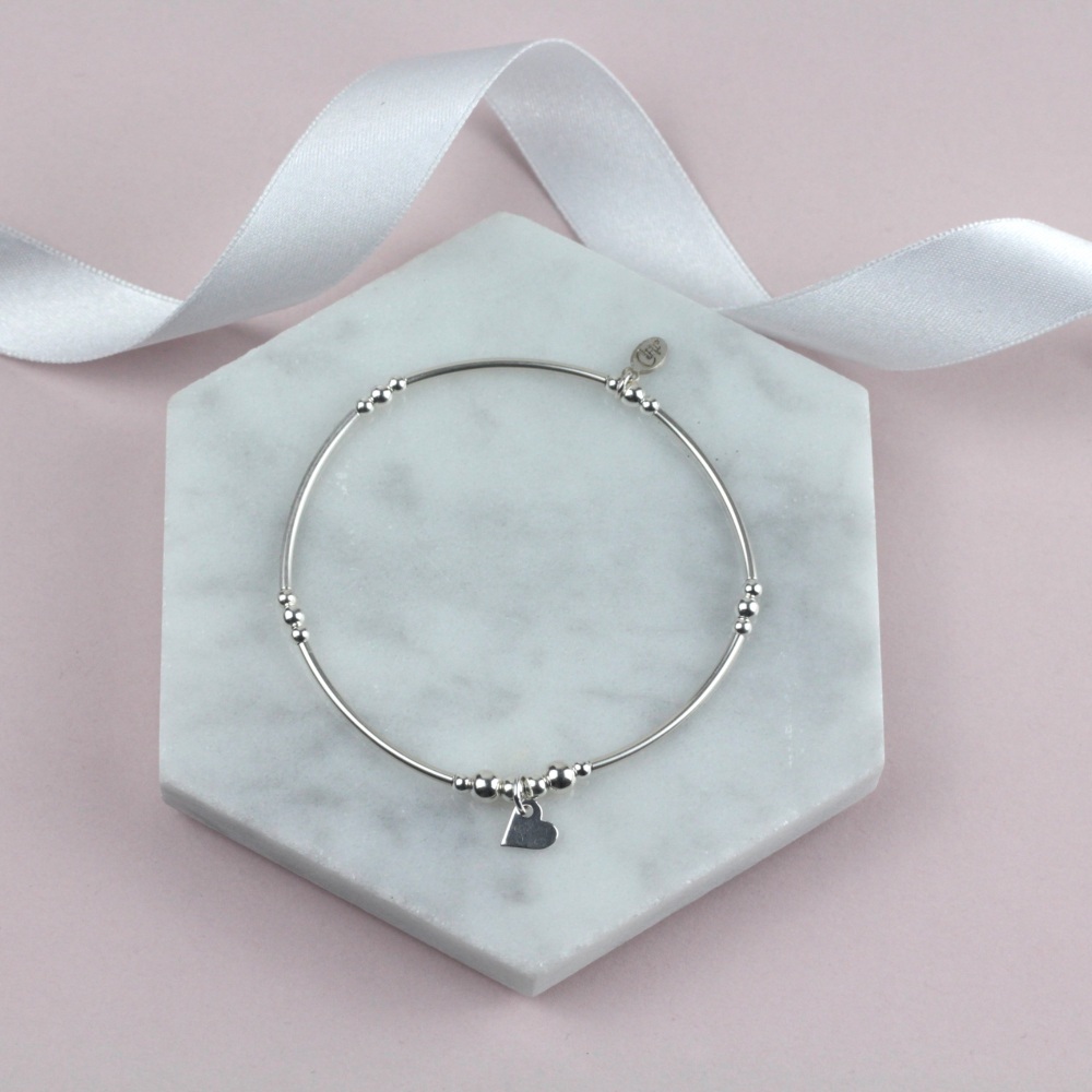 Mini Bobble Noodle Bracelet Silver Heart Charm | Sterling Silver 925 Stretch Bracelet | CeFfi Jewellery