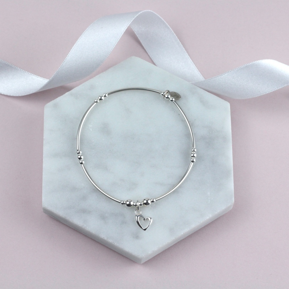 Mini Bobble Noodle Bracelet Silver Open Heart Charm | Sterling Silver 925 Stretch Bracelet | CeFfi Jewellery