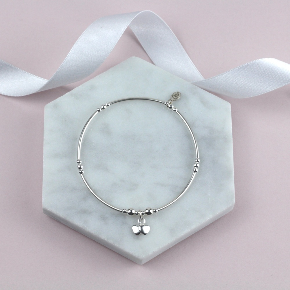 Mini Bobble Noodle Bracelet Silver Double Heart Charm | Sterling Silver 925 Stretch Bracelet | CeFfi Jewellery