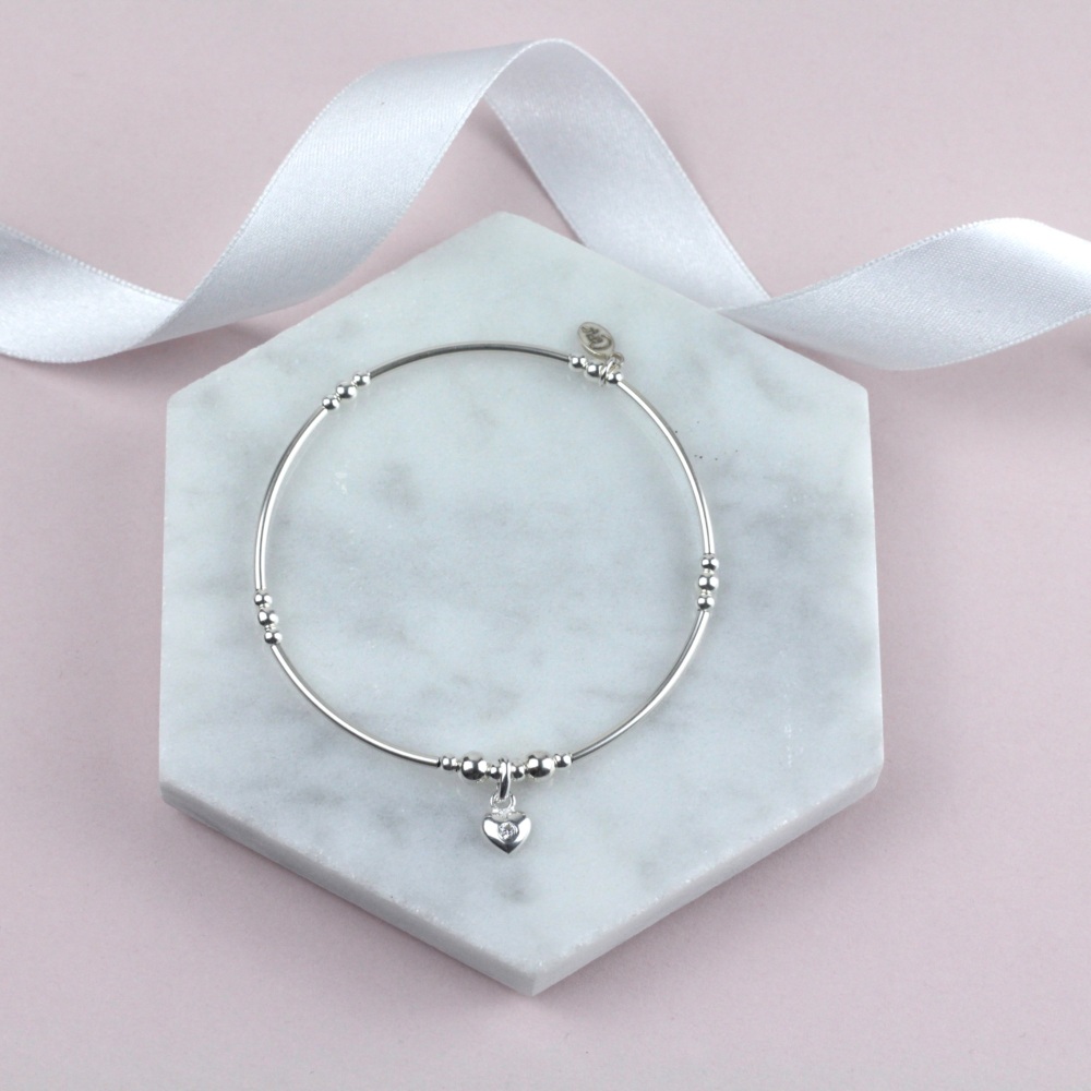 Mini Bobble Noodle Bracelet Silver Sparkly Heart Charm | Sterling Silver 925 Stretch Bracelet | CeFfi Jewellery