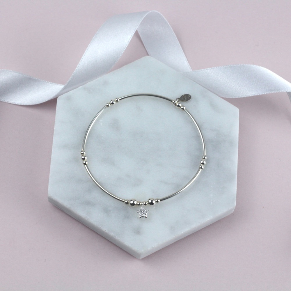 Mini Bobble Noodle Bracelet Silver Sparkly Star Charm | Sterling Silver 925 Stretch Bracelet | CeFfi Jewellery
