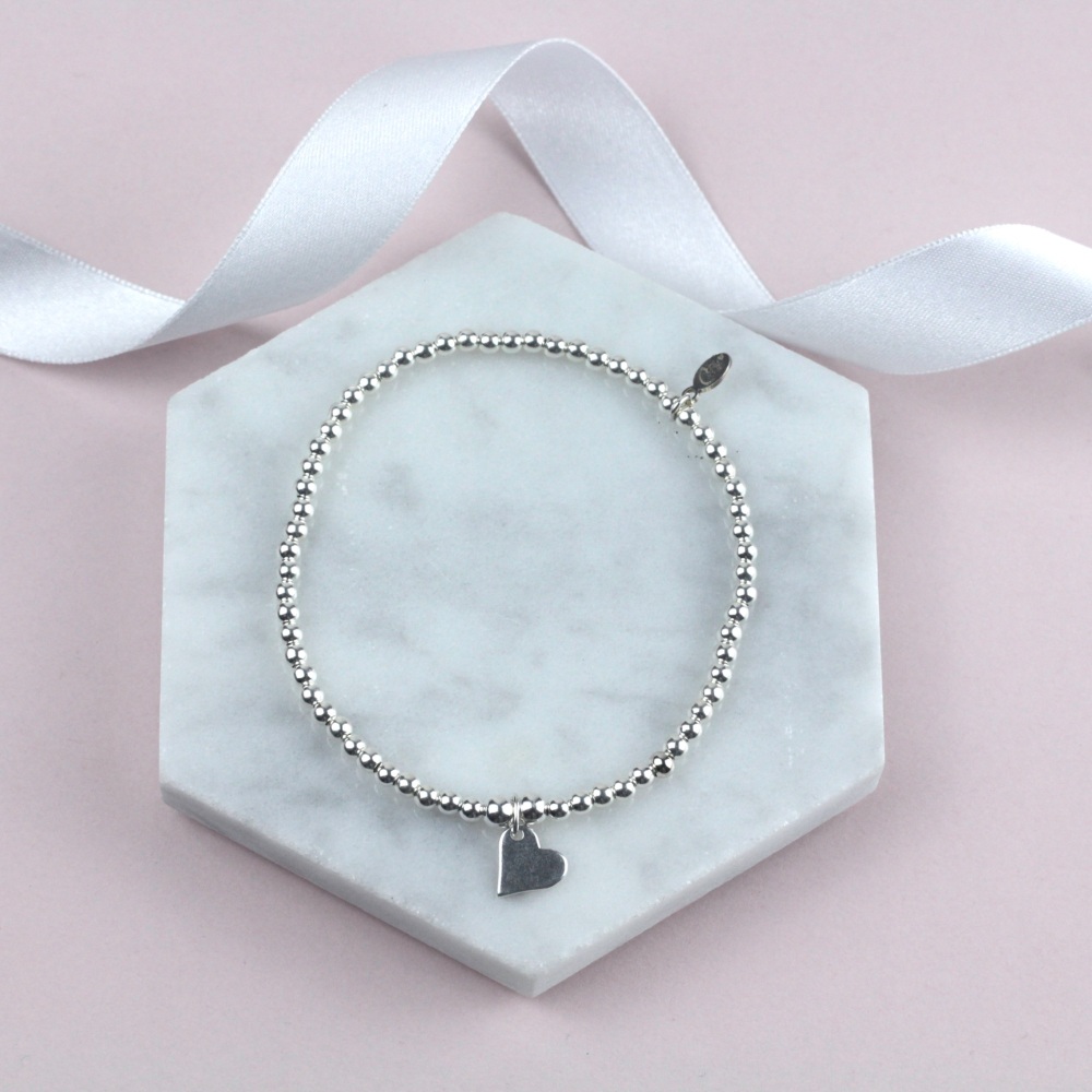 Ball Bracelet Silver Heart Charm | Sterling Silver 925 Stretch Bracelet | CeFfi Jewellery