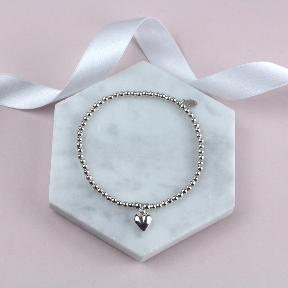 Ball Bracelet Silver Puff Heart Charm | Sterling Silver 925 Stretch Bracelet | CeFfi Jewellery