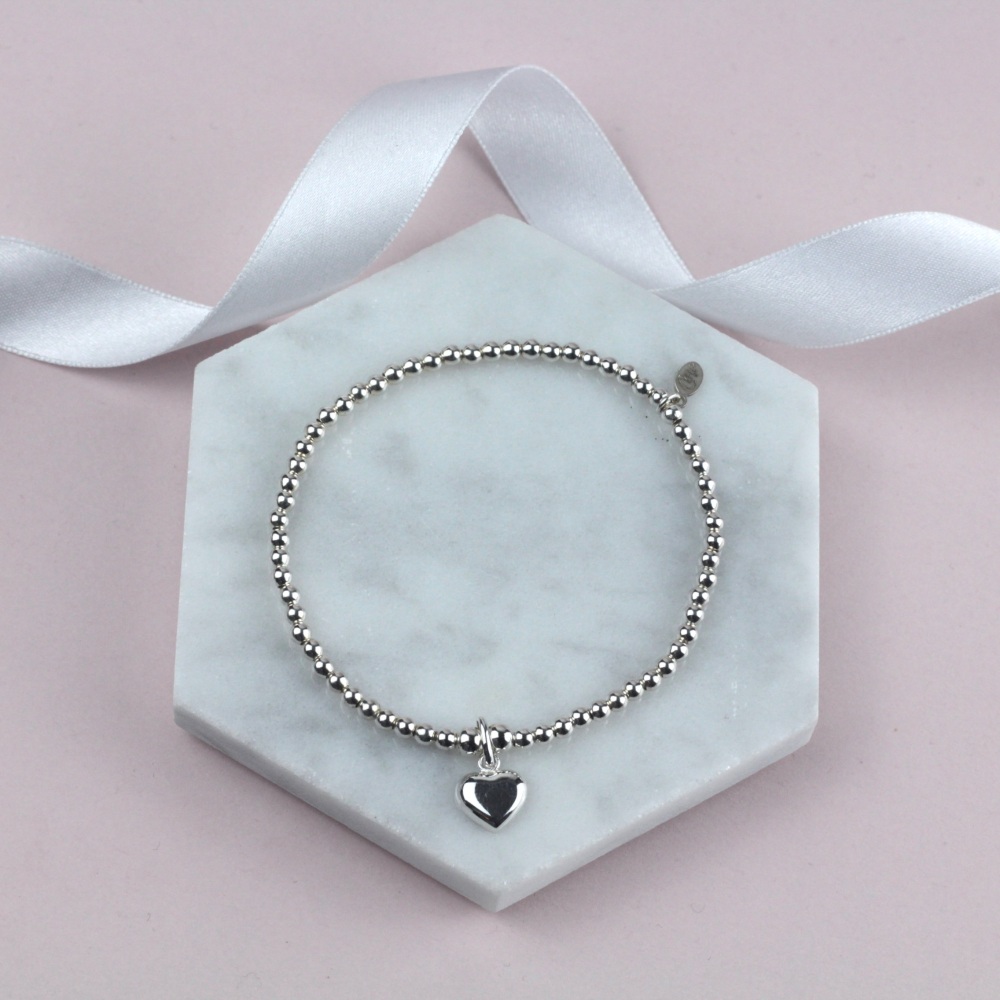 Ball Bracelet Silver Flat Puff Heart Charm | Sterling Silver 925 Stretch Bracelet | CeFfi Jewellery