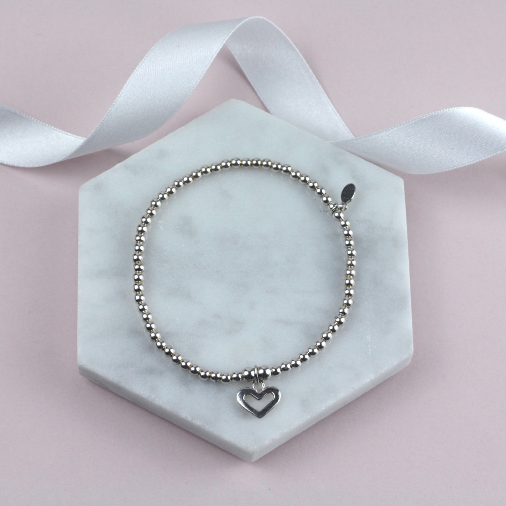 Ball Bracelet Silver Open Heart Charm | Sterling Silver 925 Stretch Bracelet | CeFfi Jewellery