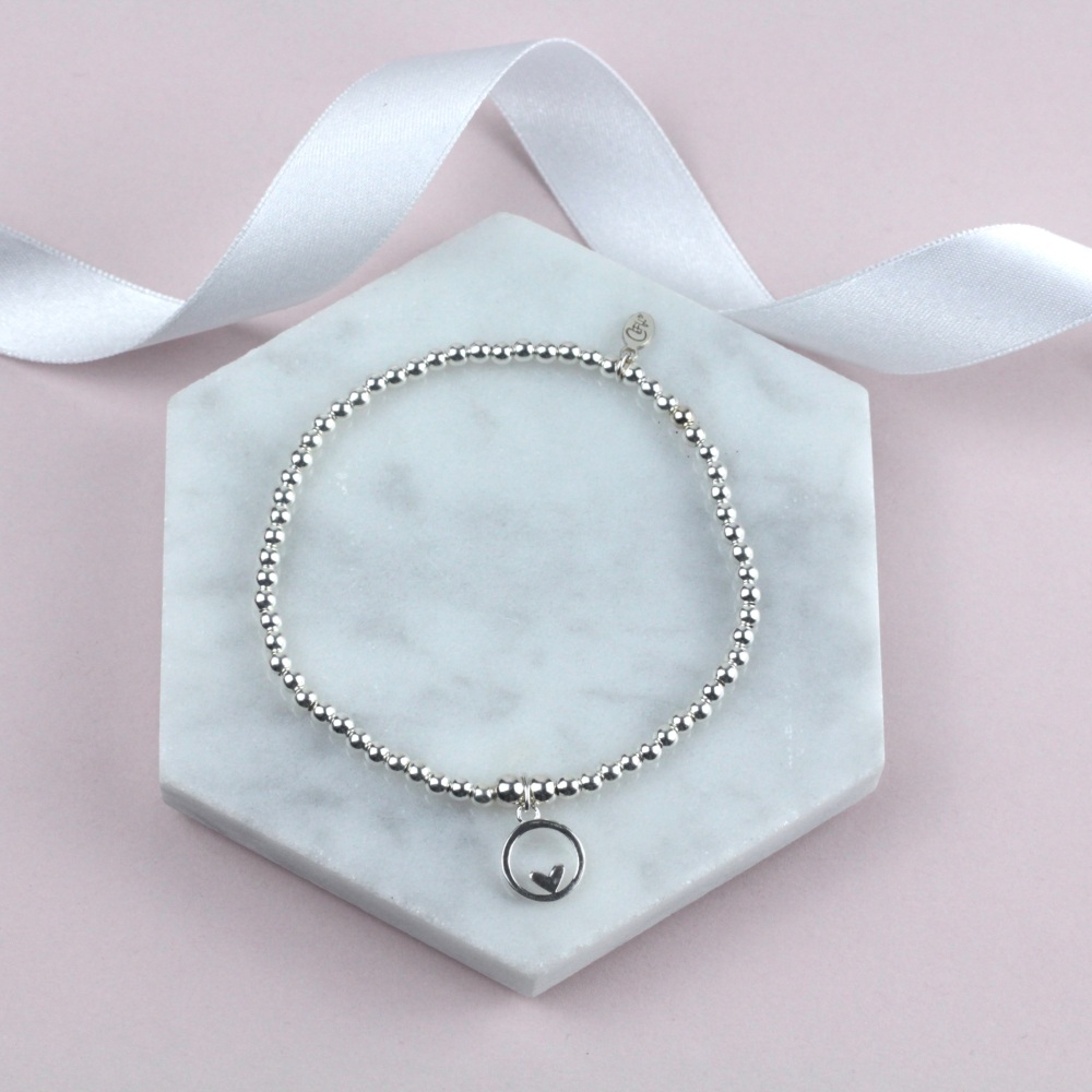 Ball Bracelet Silver Circle Heart Charm | Sterling Silver 925 Stretch Bracelet | CeFfi Jewellery