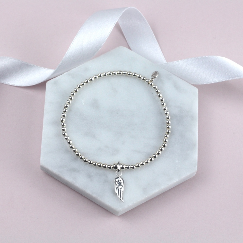 Ball Bracelet Silver Angel Wing Charm | Sterling Silver 925 Stretch Bracelet | CeFfi Jewellery