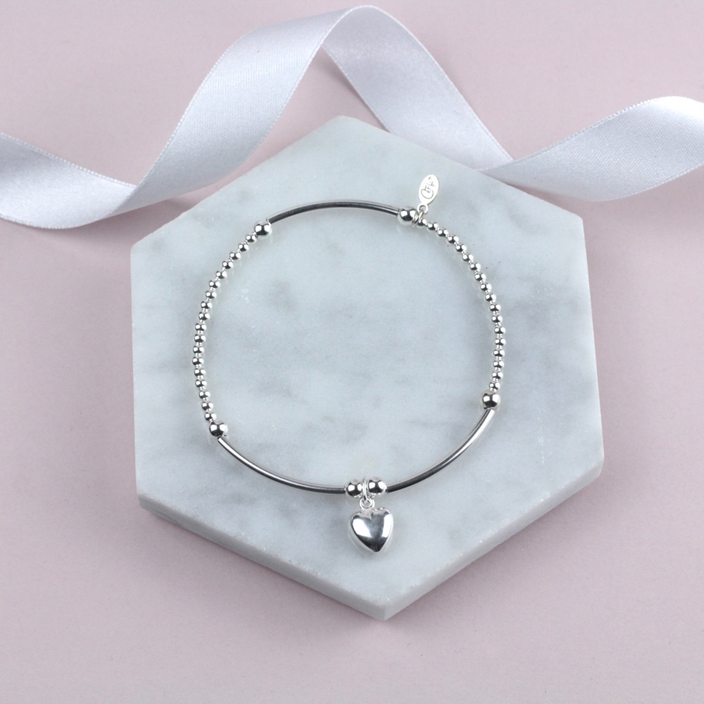 Boodle Bracelet Silver Puff Heart Charm | Sterling Silver 925 Stretch Bracelet | CeFfi Jewellery