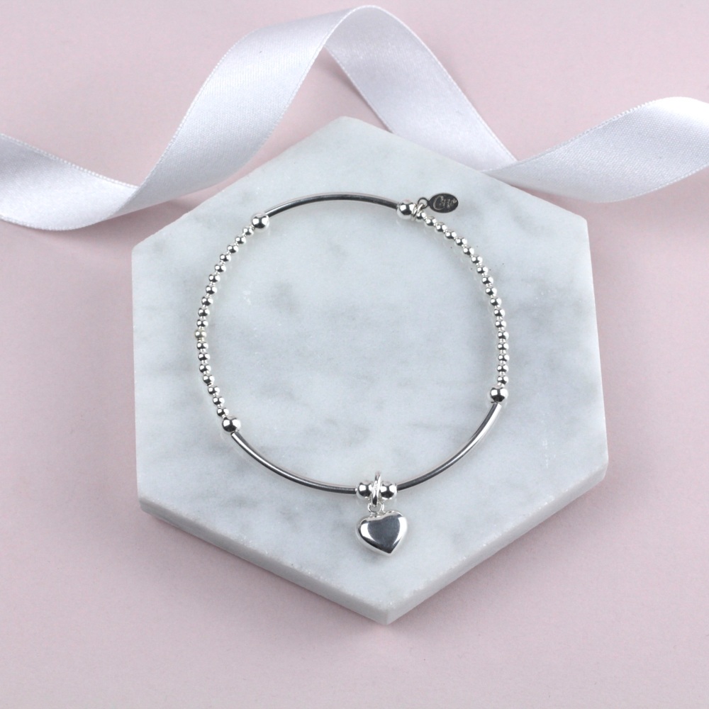 Boodle Bracelet Silver Flat Puff Heart Charm | Sterling Silver 925 Stretch Bracelet | CeFfi Jewellery
