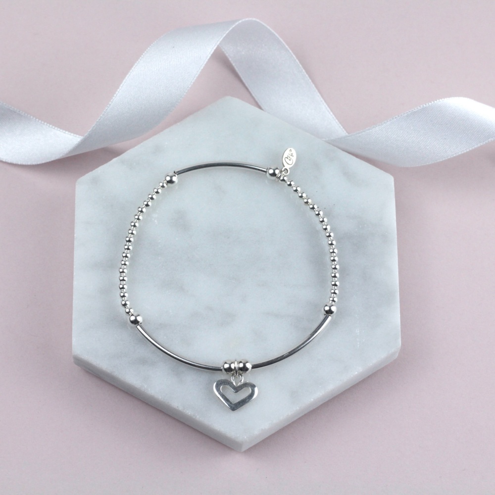 Boodle Bracelet Silver Open Heart Charm | Sterling Silver 925 Stretch Bracelet | CeFfi Jewellery