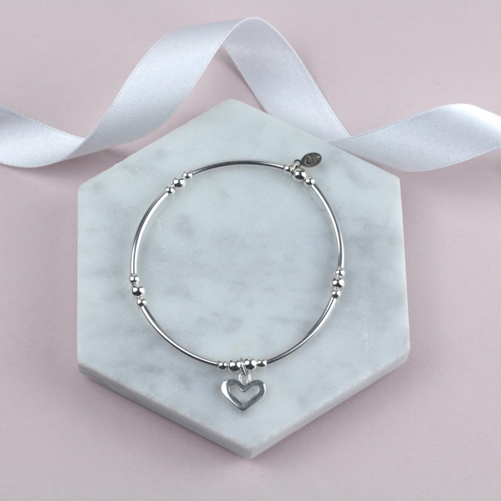 Bobble Noodle Bracelet Silver Open Heart Charm | Sterling Silver 925 Stretch Bracelet | CeFfi Jewellery
