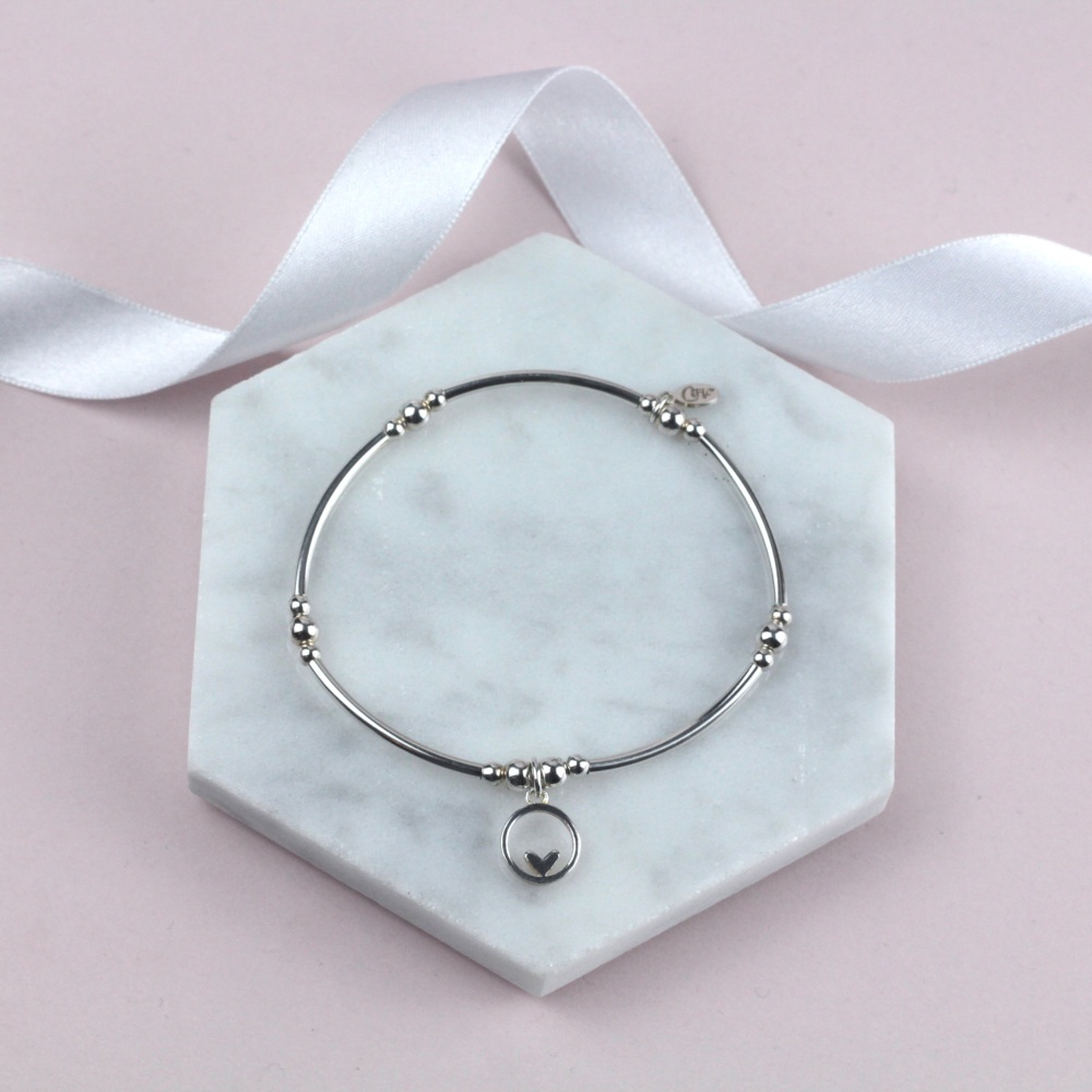 Bobble Noodle Bracelet Silver Circle Heart Charm | Sterling Silver 925 Stretch Bracelet | CeFfi Jewellery