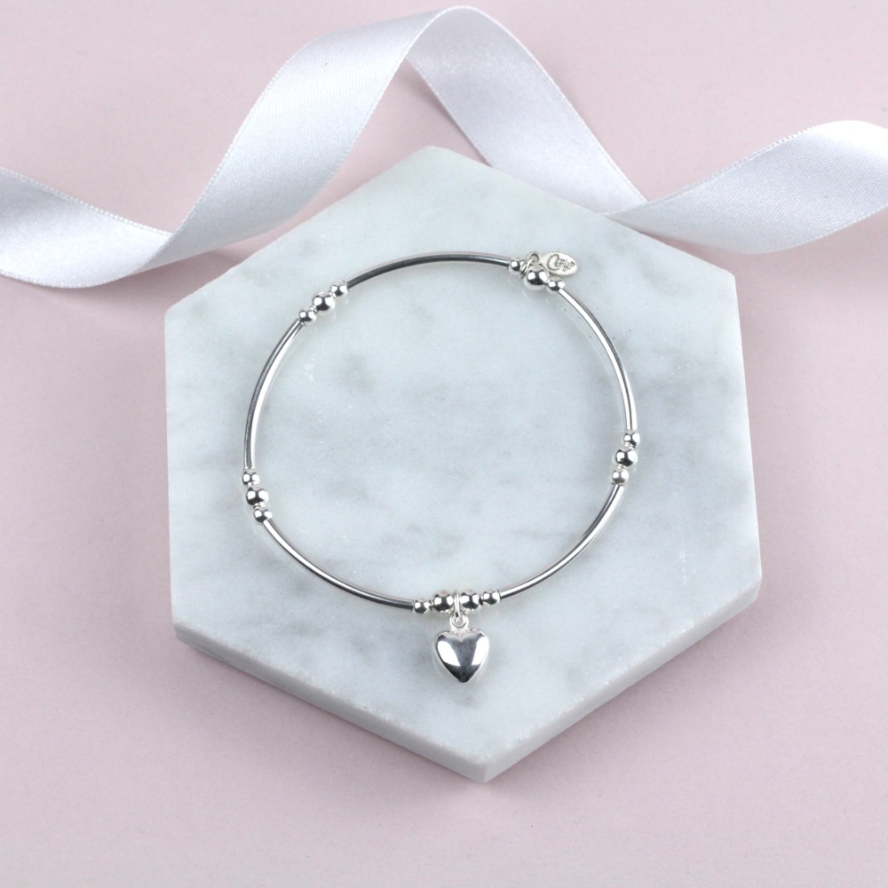 Bobble Noodle Bracelet Silver Puff Heart Charm | Sterling Silver 925 Stretch Bracelet | CeFfi Jewellery