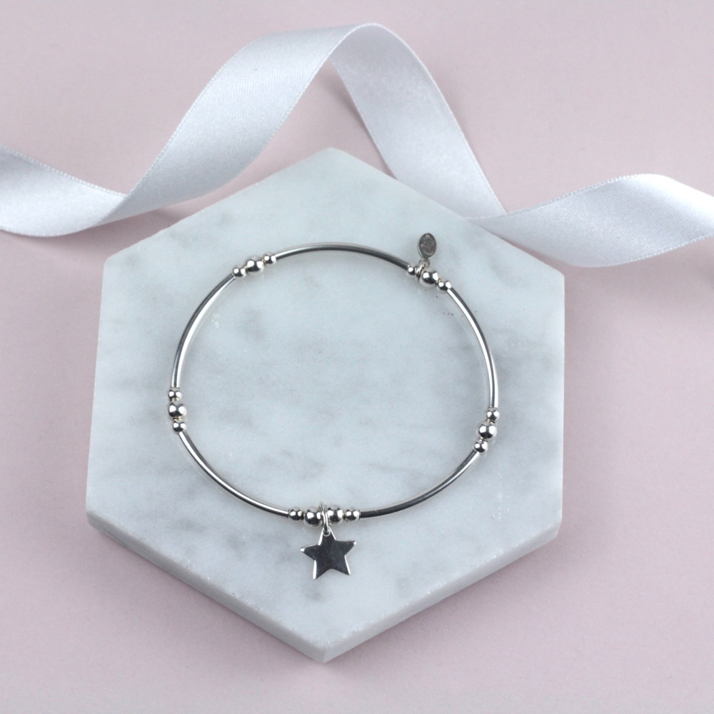 Bobble Noodle Bracelet Silver Star Charm | Sterling Silver 925 Stretch Bracelet | CeFfi Jewellery