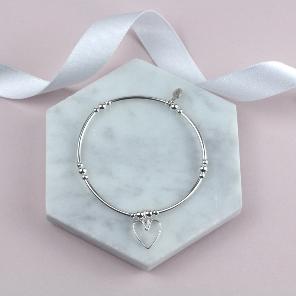 Bobble Noodle Bracelet Silver Large Open Heart Charm | Sterling Silver 925 Stretch Bracelet | CeFfi Jewellery