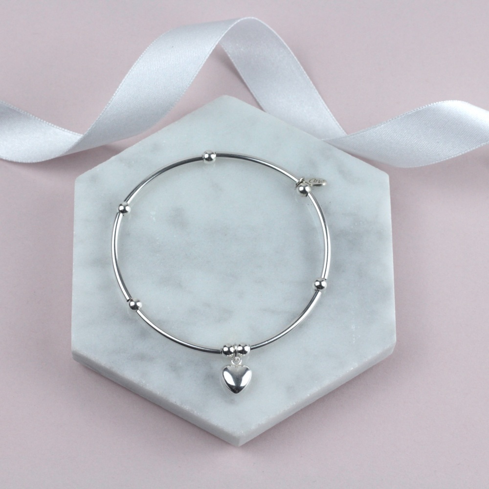 Nooball Bracelet Silver Puff Heart Charm | Sterling Silver 925 Stretch Bracelet | CeFfi Jewellery