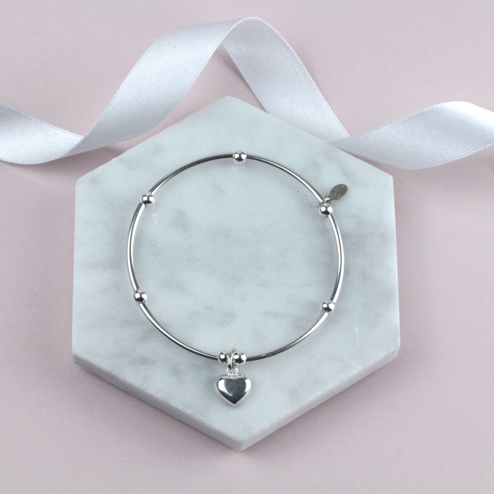 Nooball Bracelet Silver Flat Puff Heart Charm | Sterling Silver 925 Stretch Bracelet | CeFfi Jewellery
