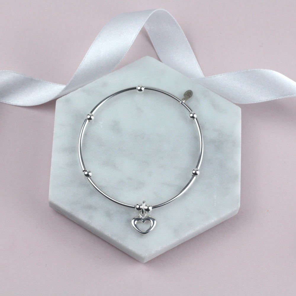 Nooball Bracelet Silver Open Heart Charm | Sterling Silver 925 Stretch Bracelet | CeFfi Jewellery