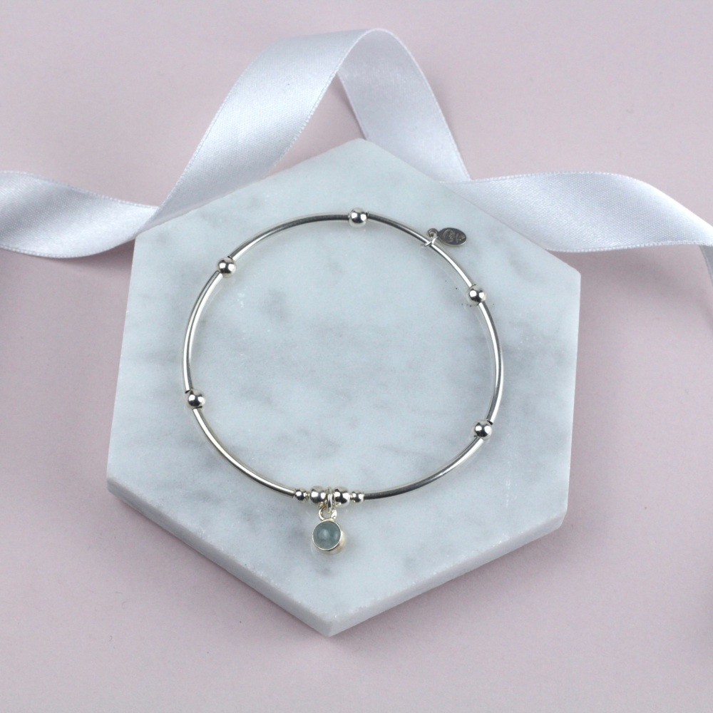 Nooball Bracelet Silver Aquamarine Charm | Sterling Silver 925 Stretch Bracelet | CeFfi Jewellery