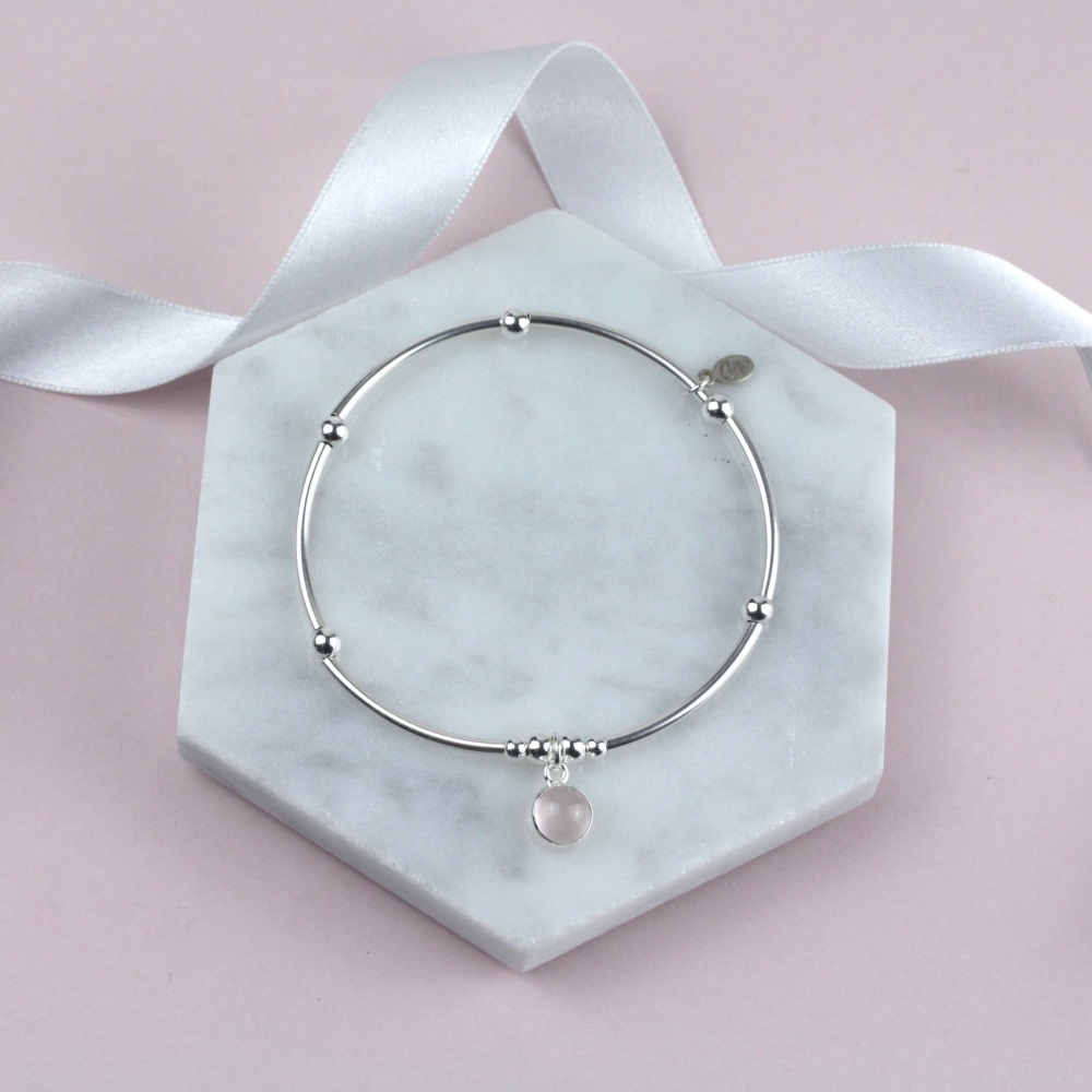 Nooball Bracelet Silver Rose Quartz Charm | Sterling Silver 925 Stretch Bracelet | CeFfi Jewellery