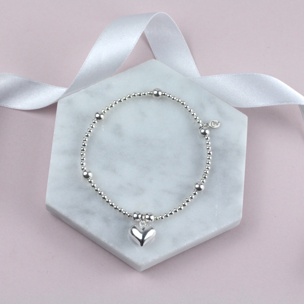 Bobble Ball Bracelet Silver Puff Heart Charm | Sterling Silver 925 Stretch Bracelet | CeFfi Jewellery