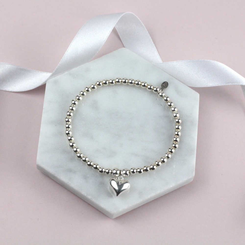 Chunky Ball Bracelet Silver Puff Heart Charm | Sterling Silver 925 Stretch Bracelet | CeFfi Jewellery
