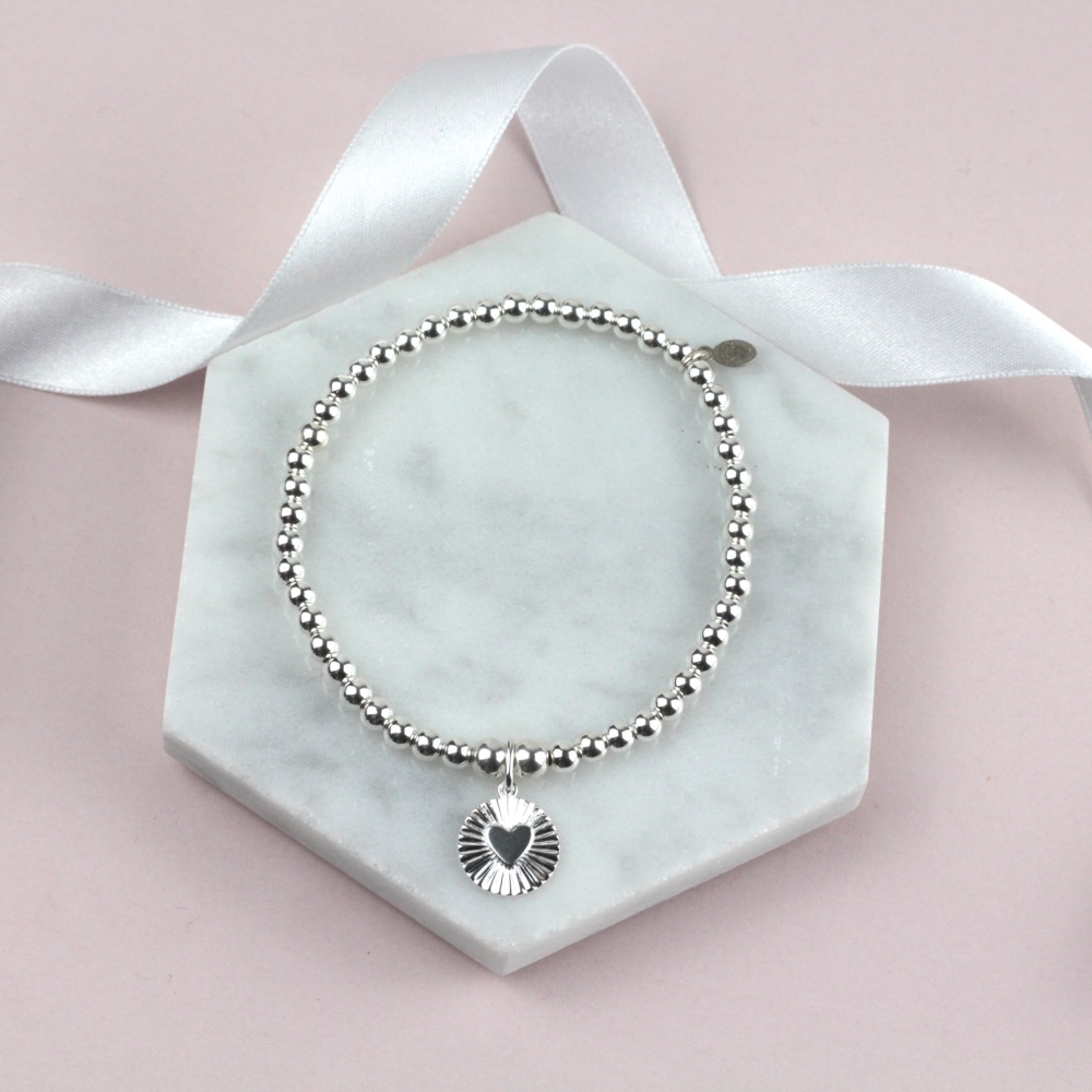 Chunky Ball Bracelet Silver Sparkle Circle Heart Charm | Sterling Silver 925 Stretch Bracelet | CeFfi Jewellery