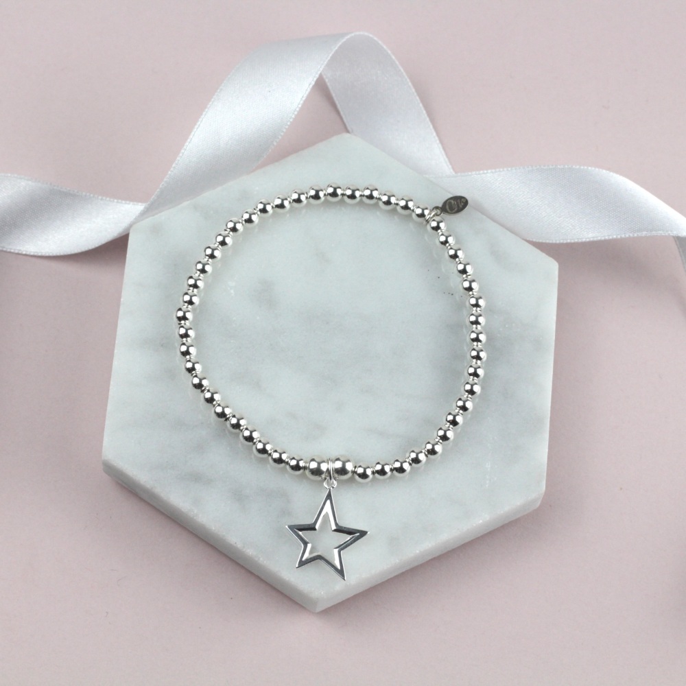 Chunky Ball Bracelet Silver Star Charm | Sterling Silver 925 Stretch Bracelet | CeFfi Jewellery