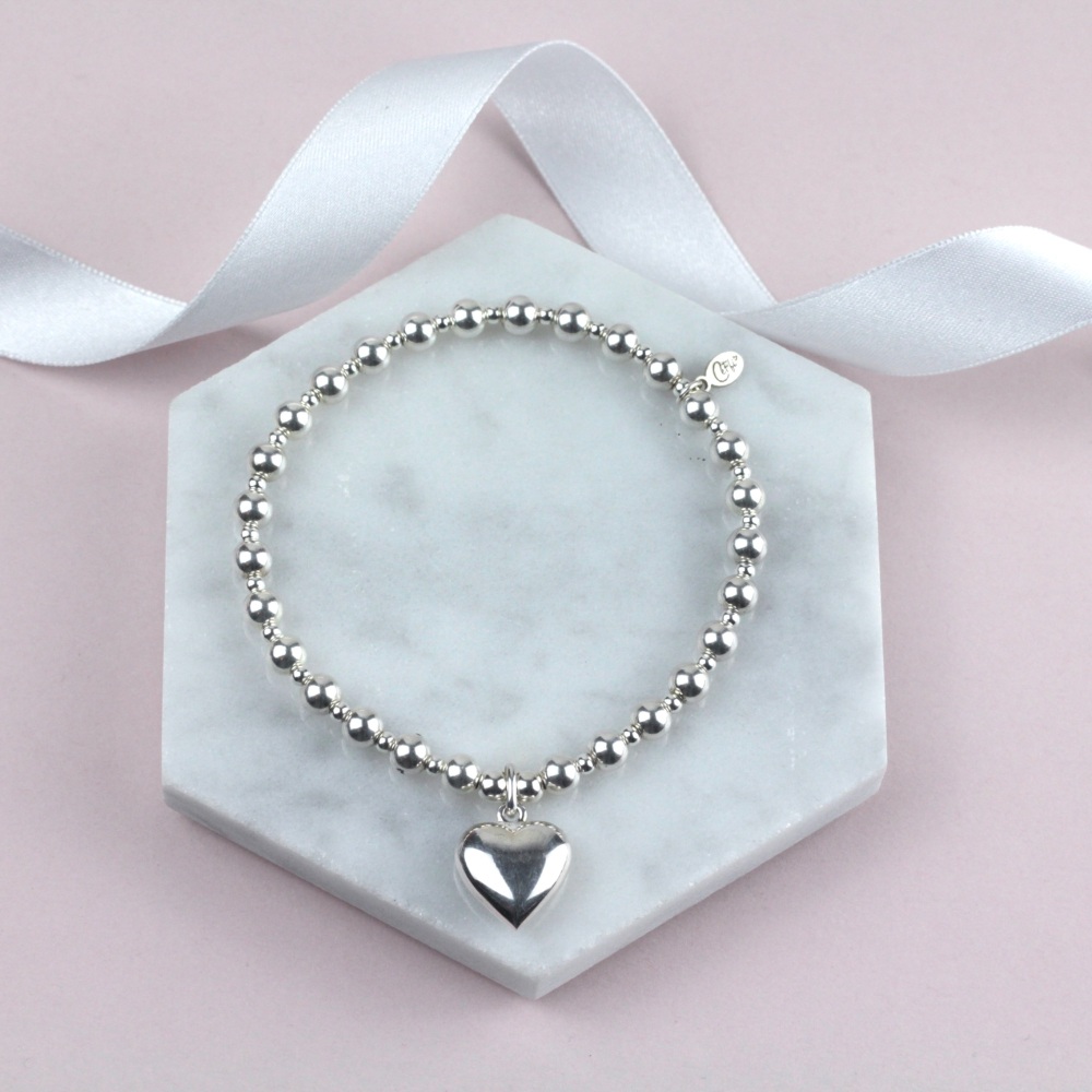 Chunky Bobble Ball Bracelet Silver Puff Heart Charm | Sterling Silver 925 Stretch Bracelet | CeFfi Jewellery