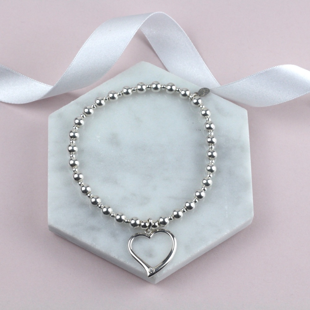 Chunky Bobble Ball Bracelet Silver Sparkly Open Heart Charm | Sterling Silver 925 Stretch Bracelet | CeFfi Jewellery