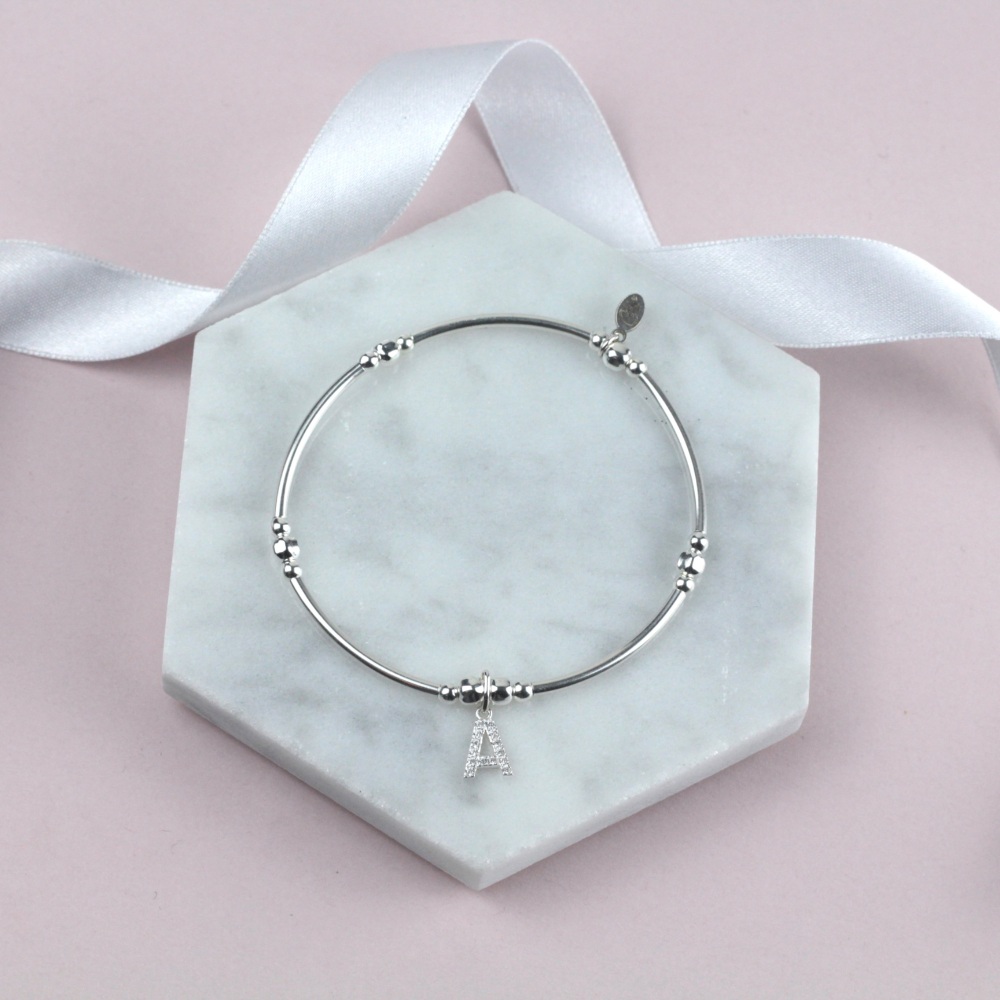 Twinkling Bobble Noodle Bracelet Silver Sparkly Initial Charm | Choice of Initial | Sterling Silver 925 Stretch Bracelet | CeFfi Jewellery