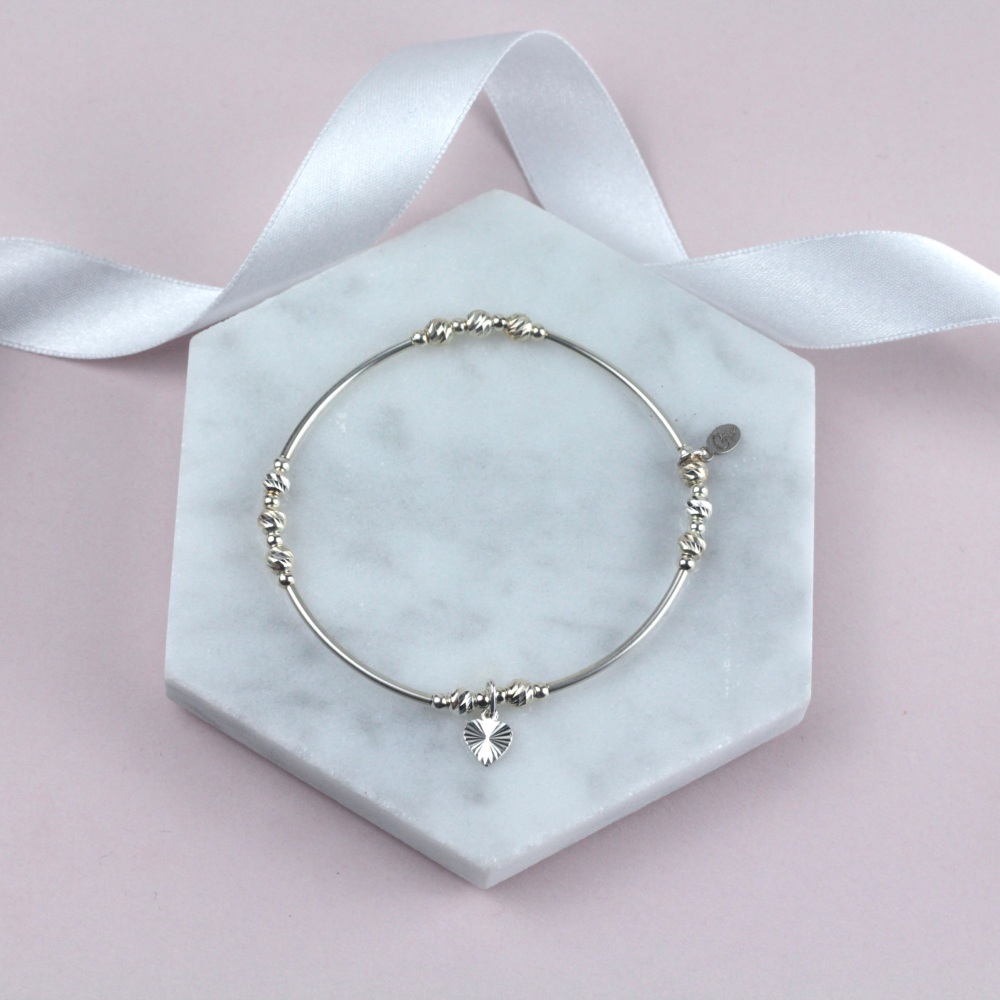 Sparkling Bobbly Noodle Heart Charm Bracelet | Sterling Silver 925 Stretch Bracelet | CeFfi Jewellery