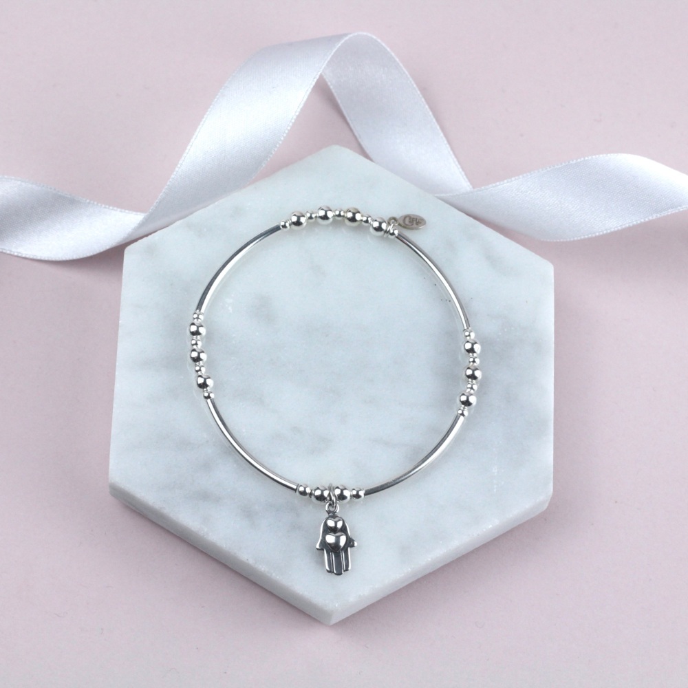 Bobbly Noodle Hamsa Hand Charm Bracelet | Sterling Silver 925 Stretch Bracelet | CeFfi Jewellery