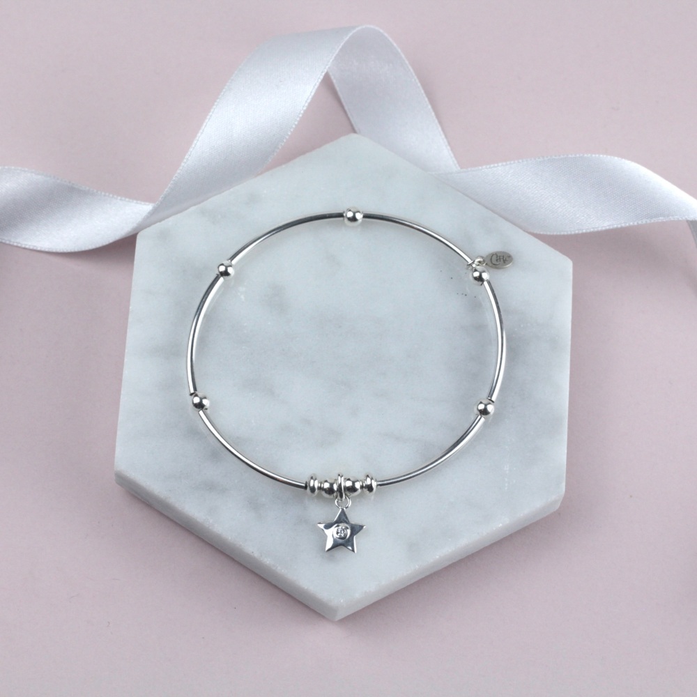 Nooball Bracelet Silver Sparkly Star Charm | Sterling Silver 925 Stretch Bracelet | CeFfi Jewellery