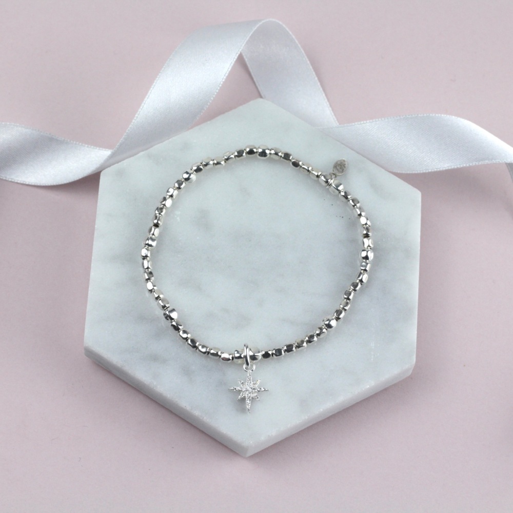 Northern Star Bracelet Silver Sparkly Star Charm | Sterling Silver 925 Stretch Bracelet | CeFfi Jewellery