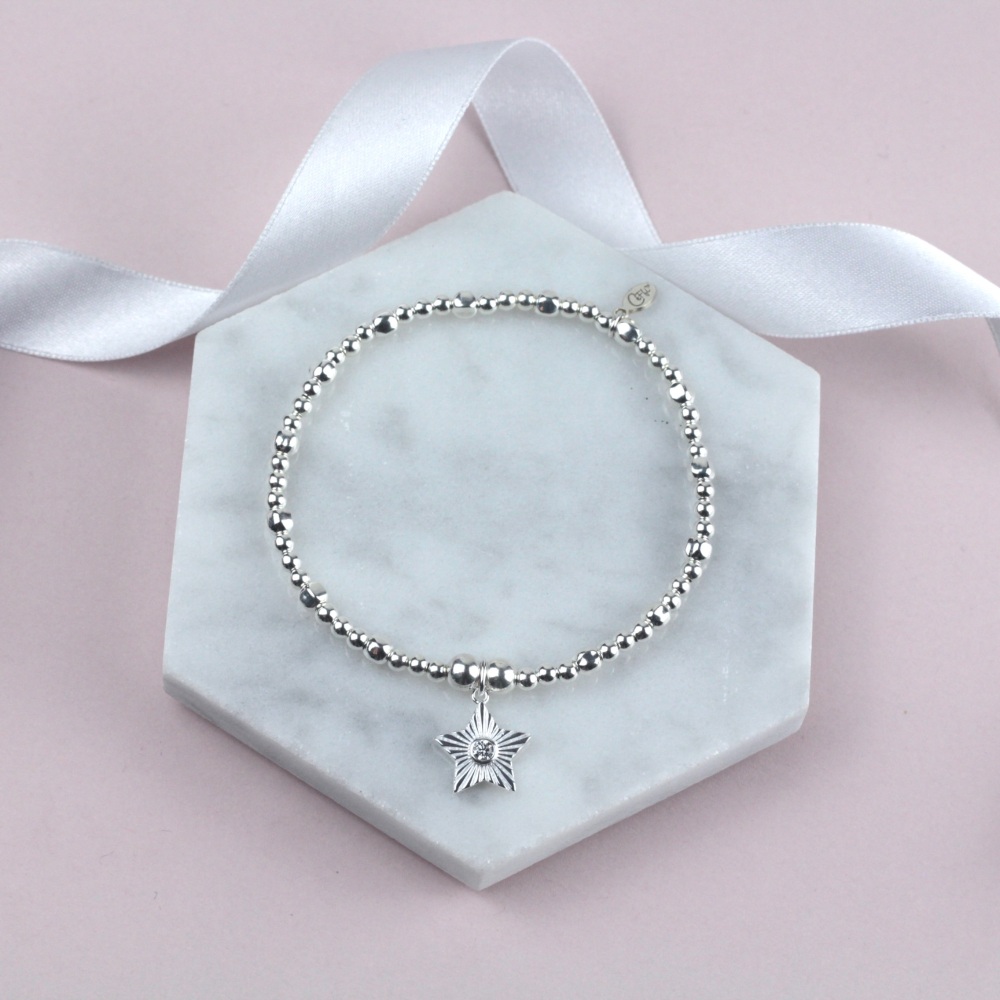 Twinkling Ball Bracelet Silver Sparkly Star Charm | Sterling Silver 925 Stretch Bracelet | CeFfi Jewellery