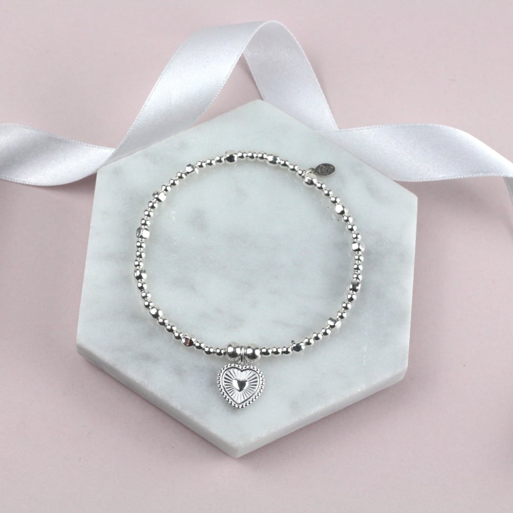 Twinkling Ball Bracelet Silver Sparkly Heart Charm | Sterling Silver 925 Stretch Bracelet | CeFfi Jewellery