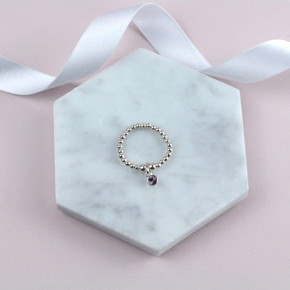 Sterling Silver Beaded Stacking Ring Pink Sparkly Charm | Sterling Silver 925 Stretch Ring | CeFfi Jewellery