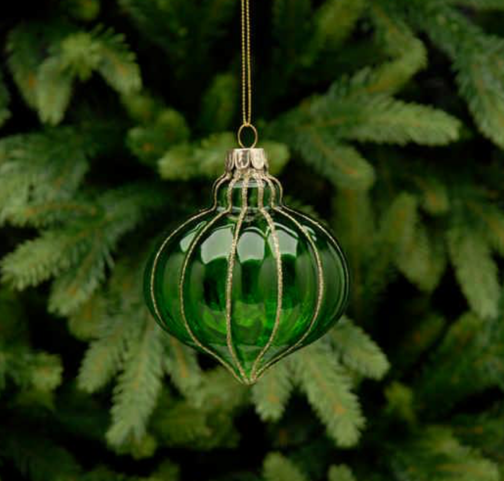 Green and Gold Ribbed Onion Glass Hanging Christmas Tree Decoration