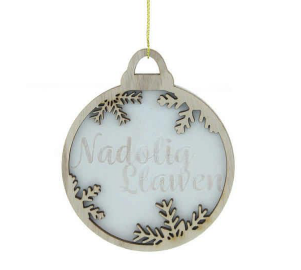 Addurniad Nadolig Llawen Pren Coeden Nadolig | Welsh Nadolig Llawen Wooden Hanging Decoration