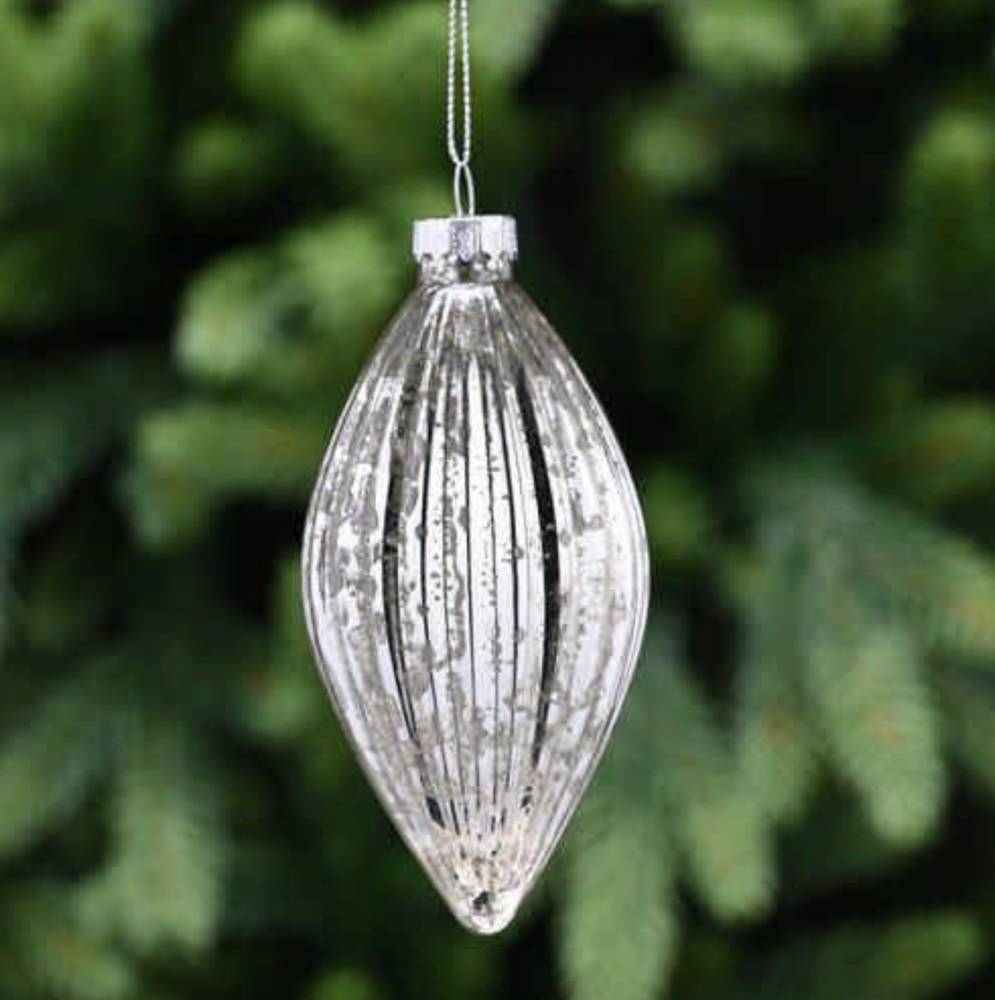 Silver Mottled Teardrop Glass Hanging Christmas Tree Decoration