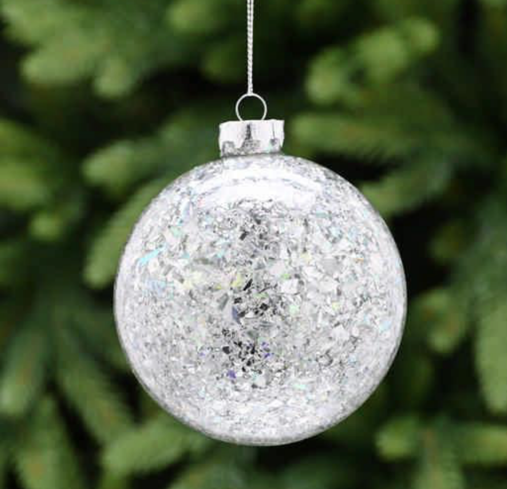 Silver Crackled Confetti Fleck Glass Hanging Christmas Tree Decoration