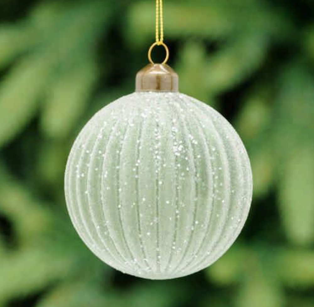 Sage Green Frosted Ribbed Glass Bauble Hanging Christmas Tree Decoration