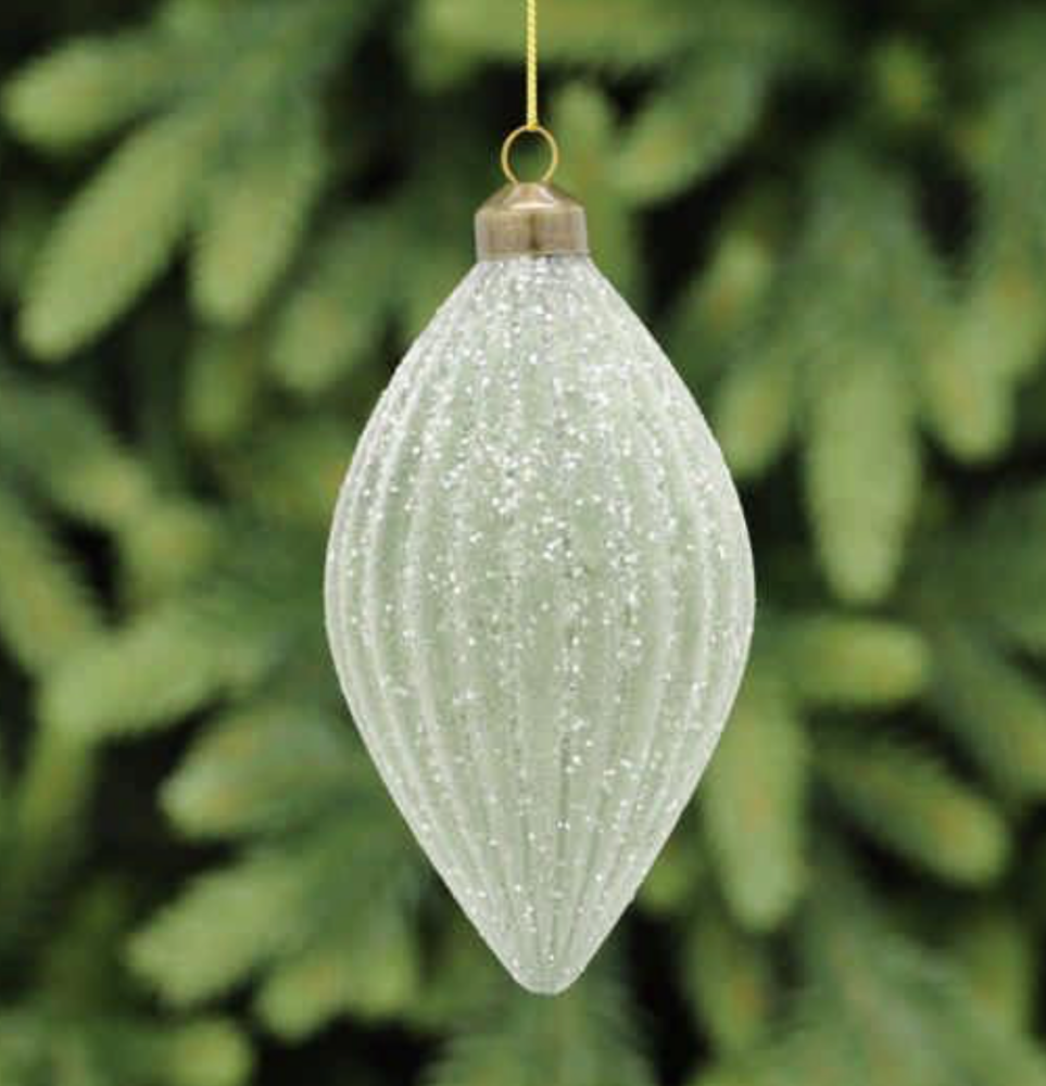Sage Green Frosted Ribbed Glass Teardrop Bauble Hanging Christmas Tree Decoration
