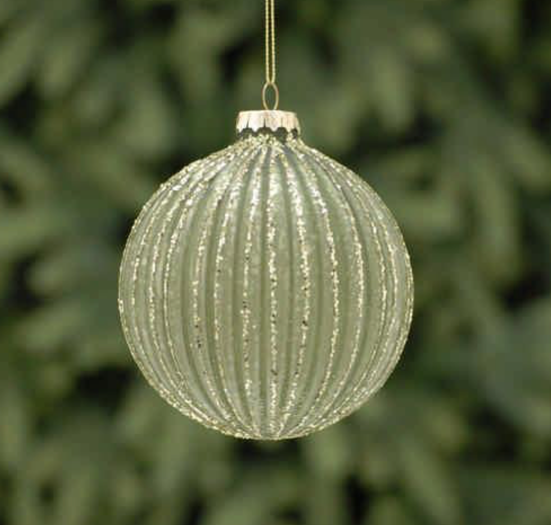 Sage Green Frosted Gold Ribbed Glass Bauble Hanging Christmas Tree Decoration
