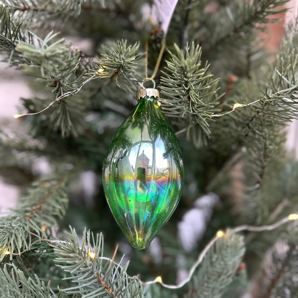 Green Iridescent Teardrop Glass Bauble Hanging Christmas Tree Decoration