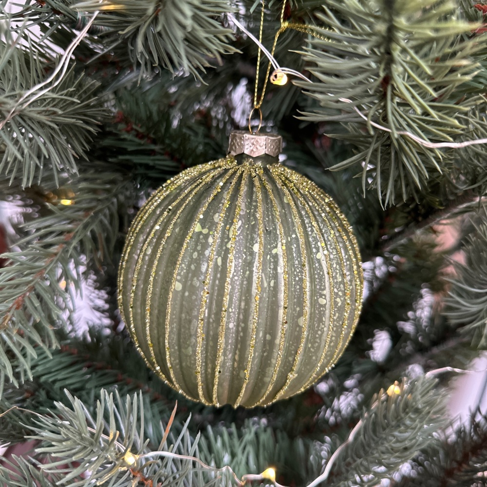 Sage Green Frosted Gold Ribbed Glass Bauble Hanging Christmas Tree Decoration